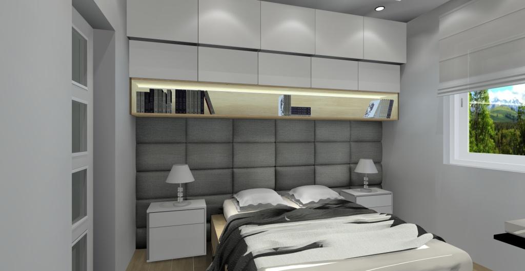 Sypialnia w stylu nowoczesnym, aranzącja w kolorach biały, szary, drewno